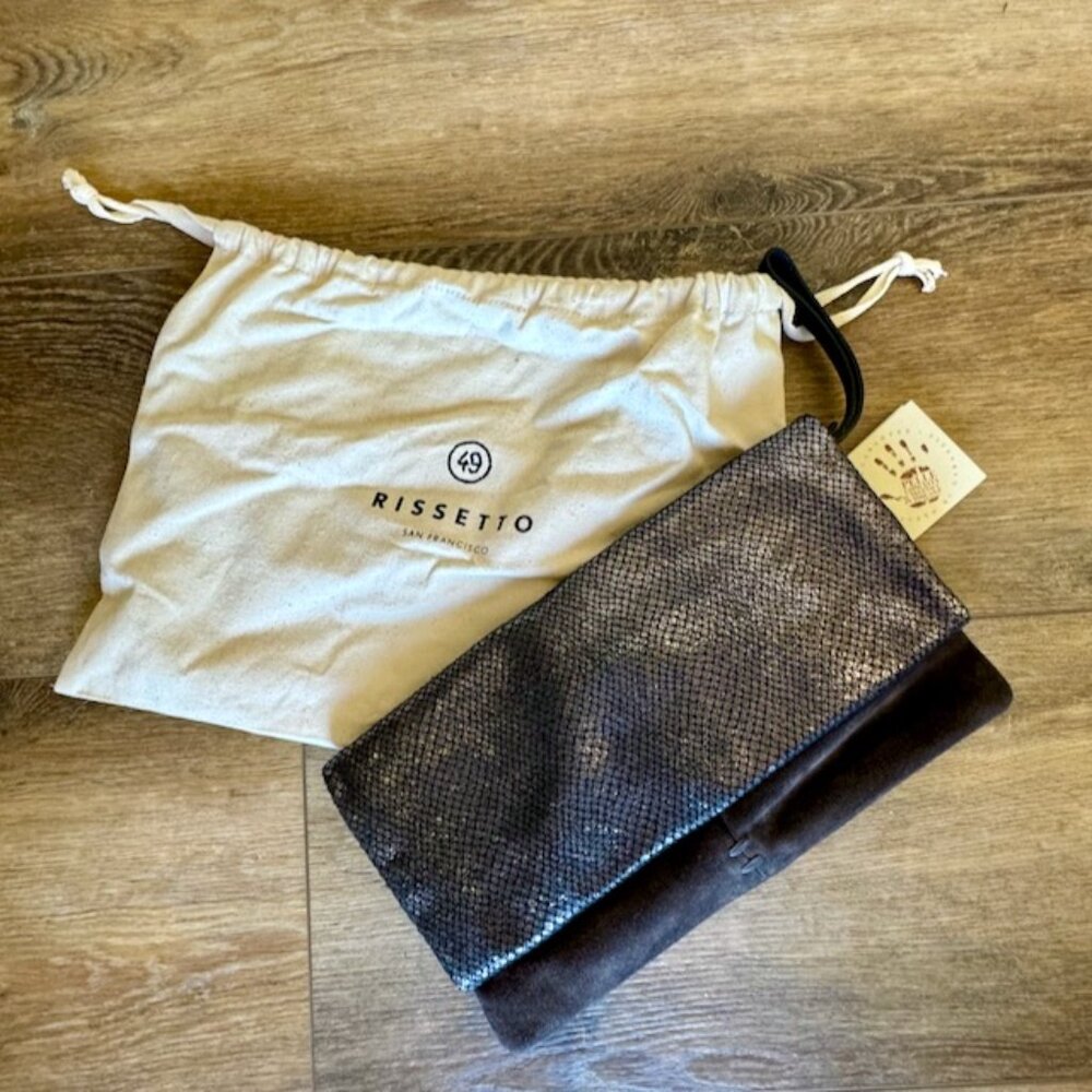 Rissetto 49 Square Mile Metallic Grey Leather Snakeskin and Suede Bag